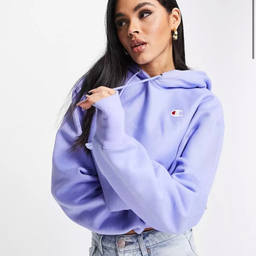 Champion cropped hoodie with small logo in blue (color is purplish blue)